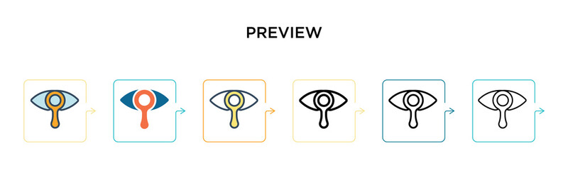 Preview vector icon in 6 different modern styles. Black, two colored preview icons designed in filled, outline, line and stroke style. Vector illustration can be used for web, mobile, ui