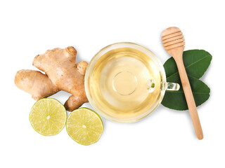 Top view of tea in clear glass with lemon, ginger and honey.