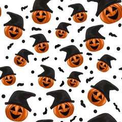 Halloween seamless pattern. Halloween pumpkin in a witch hat on a white background.