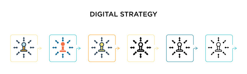 Digital strategy vector icon in 6 different modern styles. Black, two colored digital strategy icons designed in filled, outline, line and stroke style. Vector illustration can be used for web,