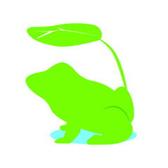 green frog illustration with leaf on its head