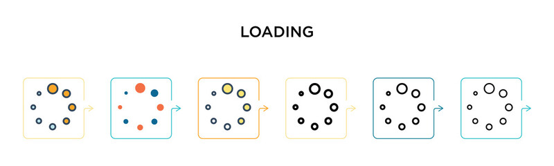 Loading vector icon in 6 different modern styles. Black, two colored loading icons designed in filled, outline, line and stroke style. Vector illustration can be used for web, mobile, ui