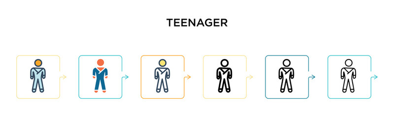 Teenager vector icon in 6 different modern styles. Black, two colored teenager icons designed in filled, outline, line and stroke style. Vector illustration can be used for web, mobile, ui