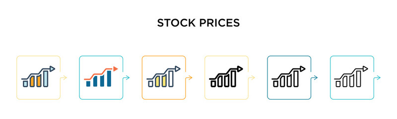 Stock prices vector icon in 6 different modern styles. Black, two colored stock prices icons designed in filled, outline, line and stroke style. Vector illustration can be used for web, mobile, ui