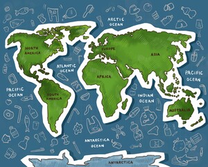 World map with ocean pollution.