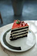 Close up London Fog cake, Chocolate cream cheese topped with Earl gray buttercream sauce