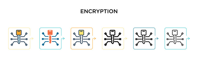 Encryption vector icon in 6 different modern styles. Black, two colored encryption icons designed in filled, outline, line and stroke style. Vector illustration can be used for web, mobile, ui