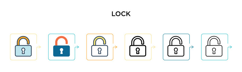 Lock vector icon in 6 different modern styles. Black, two colored lock icons designed in filled, outline, line and stroke style. Vector illustration can be used for web, mobile, ui