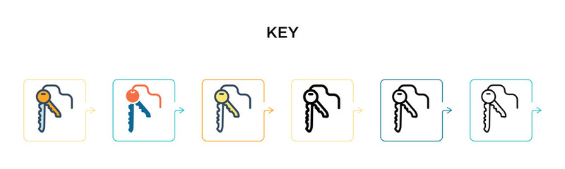 Key vector icon in 6 different modern styles. Black, two colored key icons designed in filled, outline, line and stroke style. Vector illustration can be used for web, mobile, ui