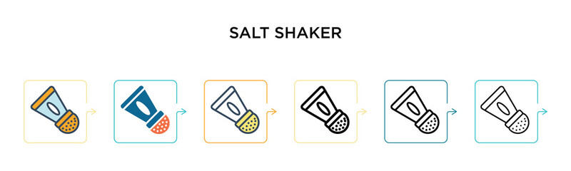 Salt shaker vector icon in 6 different modern styles. Black, two colored salt shaker icons designed in filled, outline, line and stroke style. Vector illustration can be used for web, mobile, ui