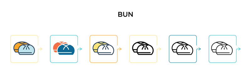 Bun vector icon in 6 different modern styles. Black, two colored bun icons designed in filled, outline, line and stroke style. Vector illustration can be used for web, mobile, ui