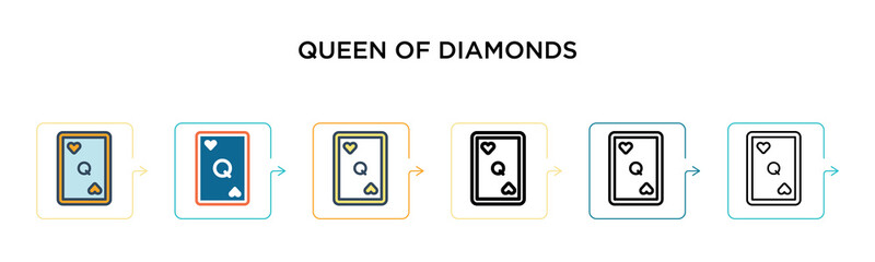 Queen of diamonds vector icon in 6 different modern styles. Black, two colored queen of diamonds icons designed in filled, outline, line and stroke style. Vector illustration can be used for web,