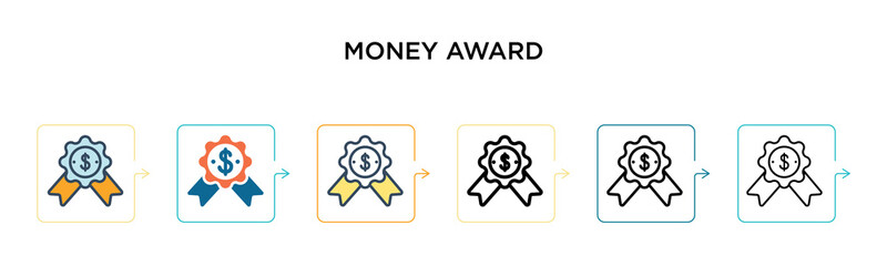Money award vector icon in 6 different modern styles. Black, two colored money award icons designed in filled, outline, line and stroke style. Vector illustration can be used for web, mobile, ui