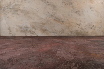 Image of textural table in front of abstract blurred background. Empty textural table platform over background for present product. Copy space.