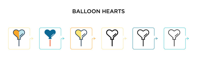 Balloon hearts vector icon in 6 different modern styles. Black, two colored balloon hearts icons designed in filled, outline, line and stroke style. Vector illustration can be used for web, mobile, ui
