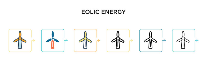 Eolic energy vector icon in 6 different modern styles. Black, two colored eolic energy icons designed in filled, outline, line and stroke style. Vector illustration can be used for web, mobile, ui