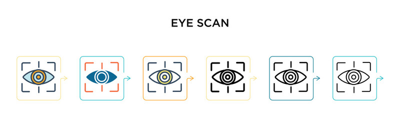 Eye scan vector icon in 6 different modern styles. Black, two colored eye scan icons designed in filled, outline, line and stroke style. Vector illustration can be used for web, mobile, ui