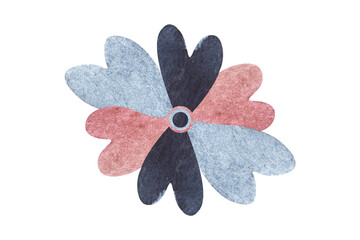 Watercolor flower with petals in shape of hearts isolated on white background. Six petals of blue, pink and black colors. Top view. Romantic floral hand drawn illustration for scrapbooking
