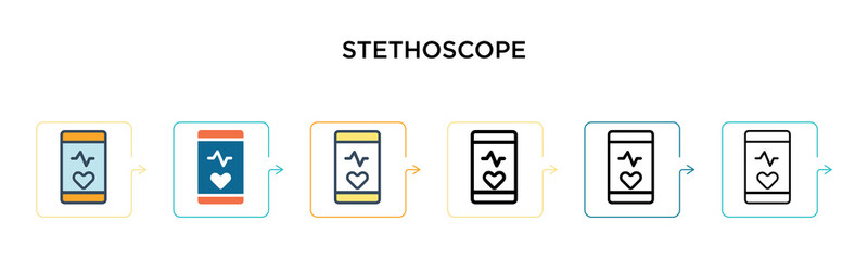 Fototapeta premium Stethoscope vector icon in 6 different modern styles. Black, two colored stethoscope icons designed in filled, outline, line and stroke style. Vector illustration can be used for web, mobile, ui