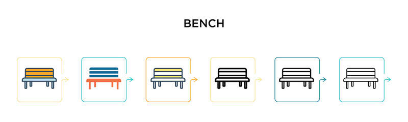 Bench vector icon in 6 different modern styles. Black, two colored bench icons designed in filled, outline, line and stroke style. Vector illustration can be used for web, mobile, ui