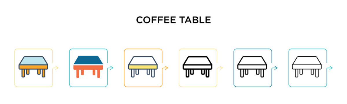 Coffee table vector icon in 6 different modern styles. Black, two colored coffee table icons designed in filled, outline, line and stroke style. Vector illustration can be used for web, mobile, ui