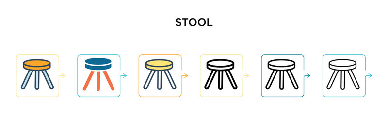 Stool vector icon in 6 different modern styles. Black, two colored stool icons designed in filled, outline, line and stroke style. Vector illustration can be used for web, mobile, ui