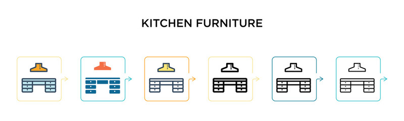 Kitchen furniture vector icon in 6 different modern styles. Black, two colored kitchen furniture icons designed in filled, outline, line and stroke style. Vector illustration can be used for web,