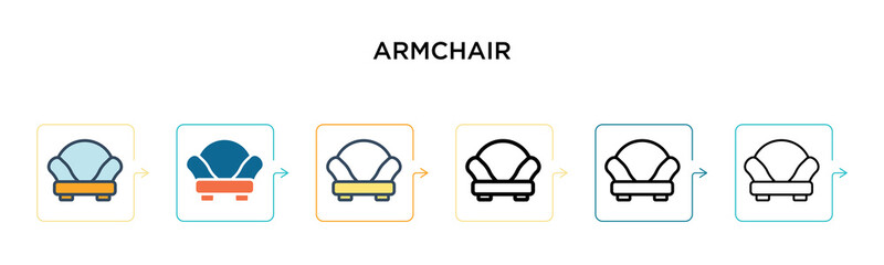 Armchair vector icon in 6 different modern styles. Black, two colored armchair icons designed in filled, outline, line and stroke style. Vector illustration can be used for web, mobile, ui