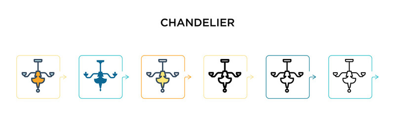 Chandelier vector icon in 6 different modern styles. Black, two colored chandelier icons designed in filled, outline, line and stroke style. Vector illustration can be used for web, mobile, ui