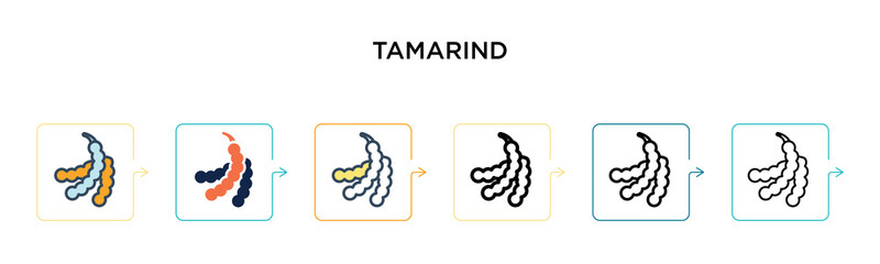 Obraz premium Tamarind vector icon in 6 different modern styles. Black, two colored tamarind icons designed in filled, outline, line and stroke style. Vector illustration can be used for web, mobile, ui