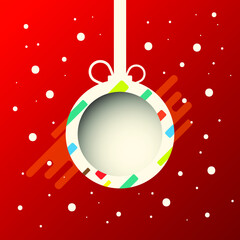 Christmas ball card on red background and snow decoration, vector design.