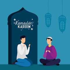 ramadan kareem islamic card, men sitting with cross legs vector illustration design