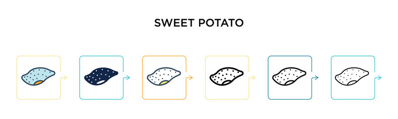 Sweet potato vector icon in 6 different modern styles. Black, two colored sweet potato icons designed in filled, outline, line and stroke style. Vector illustration can be used for web, mobile, ui