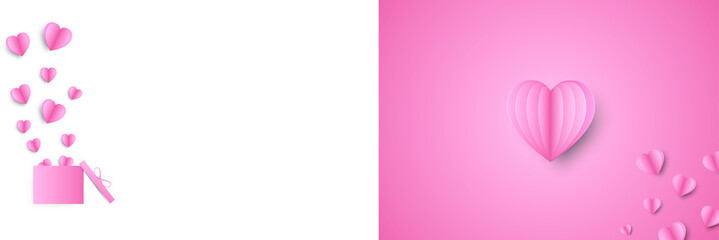 Paper elements in shape of heart flying on pink background. Vector symbols of love design.