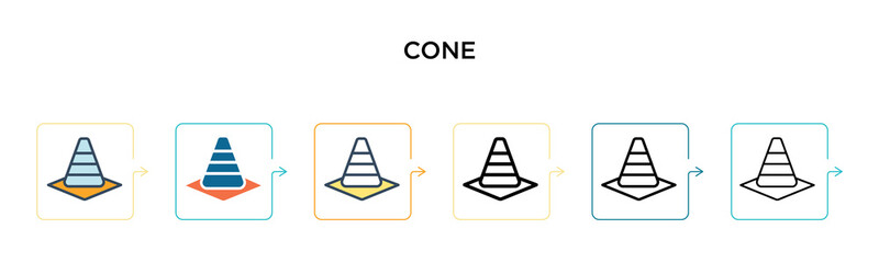 Cone vector icon in 6 different modern styles. Black, two colored cone icons designed in filled, outline, line and stroke style. Vector illustration can be used for web, mobile, ui