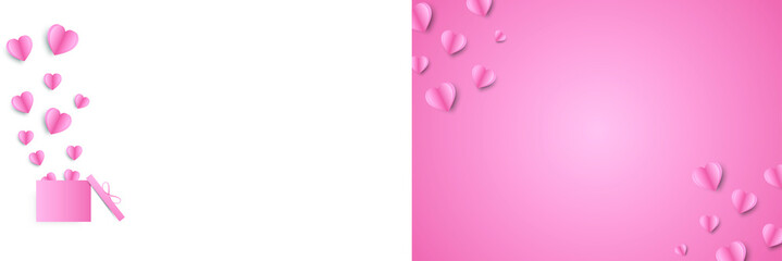 Paper elements in shape of heart flying on pink background. Vector symbols of love design.