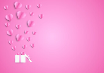 Paper elements in shape of heart flying on pink background. Vector symbols of love design.