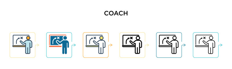 Coach vector icon in 6 different modern styles. Black, two colored coach icons designed in filled, outline, line and stroke style. Vector illustration can be used for web, mobile, ui