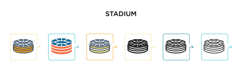Stadium vector icon in 6 different modern styles. Black, two colored stadium icons designed in filled, outline, line and stroke style. Vector illustration can be used for web, mobile, ui