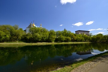 Fototapeta na wymiar Pond of Novospassky Monastery in spring