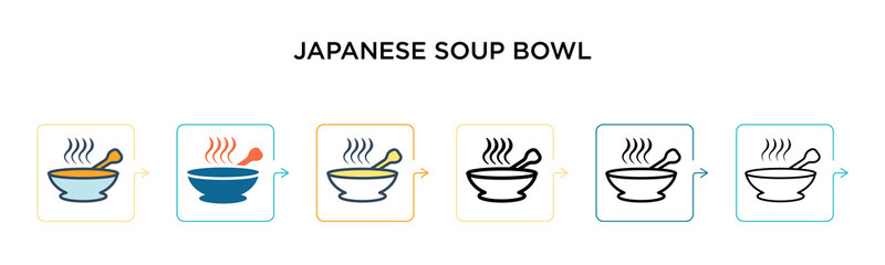 Japanese soup bowl vector icon in 6 different modern styles. Black, two colored japanese soup bowl icons designed in filled, outline, line and stroke style. Vector illustration can be used for web,