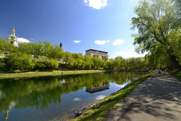 Pond of Novospassky Monastery in spring