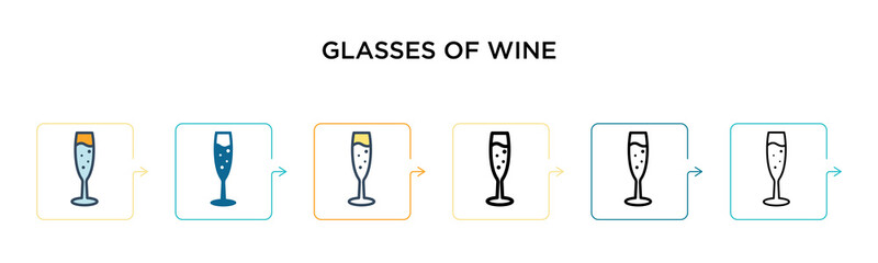 Glasses of wine vector icon in 6 different modern styles. Black, two colored glasses of wine icons designed in filled, outline, line and stroke style. Vector illustration can be used for web, mobile,