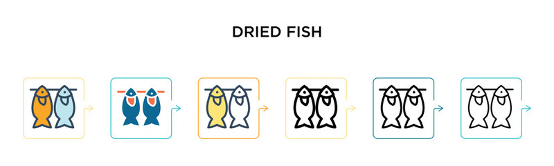 Dried fish vector icon in 6 different modern styles. Black, two colored dried fish icons designed in filled, outline, line and stroke style. Vector illustration can be used for web, mobile, ui