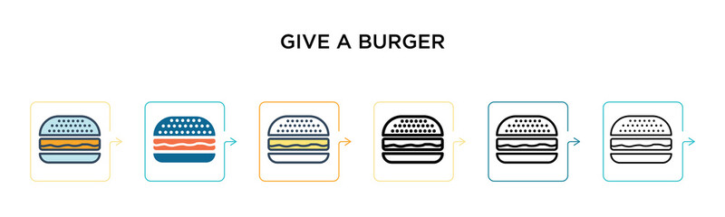 Give a burger vector icon in 6 different modern styles. Black, two colored give a burger icons designed in filled, outline, line and stroke style. Vector illustration can be used for web, mobile, ui