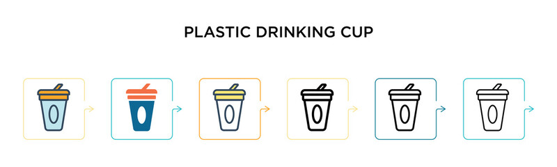 Plastic drinking cup vector icon in 6 different modern styles. Black, two colored plastic drinking cup icons designed in filled, outline, line and stroke style. Vector illustration can be used for