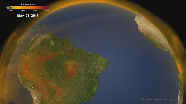 Time lapse animation of global atmospheric methane emission to study greenhouse effect in the world during 2018. Elements of this image furnished by NASA