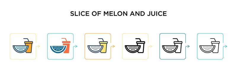 Slice of melon and juice vector icon in 6 different modern styles. Black, two colored slice of melon and juice icons designed in filled, outline, line and stroke style. Vector illustration can be used