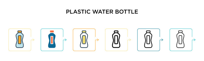 Plastic water bottle vector icon in 6 different modern styles. Black, two colored plastic water bottle icons designed in filled, outline, line and stroke style. Vector illustration can be used for
