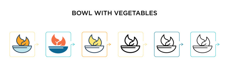 Bowl with vegetables vector icon in 6 different modern styles. Black, two colored bowl with vegetables icons designed in filled, outline, line and stroke style. Vector illustration can be used for